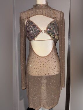 Fashion Nova Taupe Mesh Rhinestone Maxi Dress